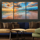 Sunset Ocean Waves on Tropical Beach, 3-Panel Giclee Canvas