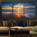 Sunset on the Ocean Beach with Waves, Reflections on Sand,