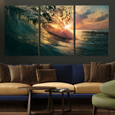 Ocean Wave Sunset Canvas Wall Art – Triptych Seascape Print