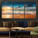 Golden Sunset Beach Triptych Canvas Art, Giclee Coastal Wall