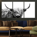 Black White Scottish Highland Cow Cattle Art Print Farmhouse