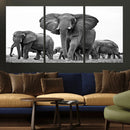 Black White Elephant Family Wall Art Canvas Print