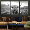 Black White Scottish Highland Cow Canvas Farm Wall Art