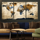 World Map Wall Art – Antique Style Blue and Brown Map Canvas