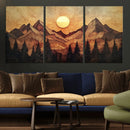 Wood Style Abstract Mountain Sunset Canvas Wall Art Print -