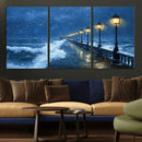 Stormy Ocean Pier Lights Canvas Wall Art Print - Large Moody