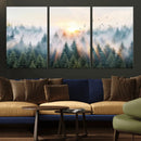 Misty Pine Forest Wall Art Canvas, Sunrise Over Foggy Trees