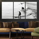 Surfers on Waves Wall Art Canvas Print – Framed Black and