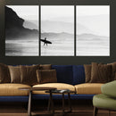Surfer Beach Wall Art – Framed Black White Ocean Canvas