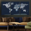 Blue Detailed World Map Wall Art Canvas Print, Modern Framed