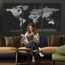 Black World Map Wall Art Canvas Print – Detailed Map of the