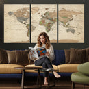Vintage World Map Canvas Wall Art - Rustic Grunge Texture