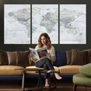 Push Pin World Map Canvas Print - Detailed Vintage World Map