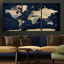 Minimalist World Map Canvas Wall Art - Watercolor Blue and