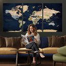 Minimalist World Map Canvas Wall Art - Watercolor Blue and