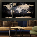 Grunge World Map Wall Art | 3-Panel Large Beige and Brown