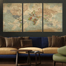 World Map Wall Art Canvas Print, Rustic Map Print, Framed