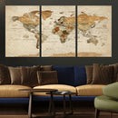 Vintage World Map Canvas Print – Framed Rustic Detailed Map