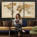 Vintage World Map Canvas Print – Framed Rustic Detailed Map