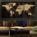 Brown World Map Canvas Print – Modern Travel Map Wall Art,
