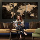 Brown World Map Canvas Print – Modern Travel Map Wall Art,
