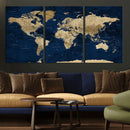 Navy Blue World Map Canvas Print – Detailed Map Minimal Navy by MyGreatCanvas | Canvas Wall Art Prints | Photo Prints & Wall Decor