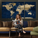 Navy Blue World Map Canvas Print – Detailed Map Minimal Navy