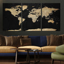 Beige World Map Canvas Wall Art Print, Minimal Black and