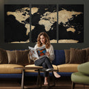 Beige World Map Canvas Wall Art Print, Minimal Black and