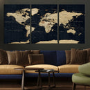 Dark World Map Canvas Wall Art Print, Minimal Black and Gold