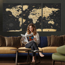 Vintage Blue and Brown World Map Canvas Wall Art – Framed