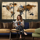 World Map Wall Art – Rustic Earth Tone Canvas Print, Antique