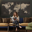 Custom World Map with Pins Canvas Wall Art Dark Charcoal