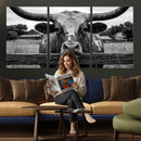 Black White Texas Longhorn Bull Canvas Wall Art, Western Ranch Cattle Photography Print, Rustic Farmhouse Cowboy Decor Artwork