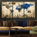 World Map Canvas Print – Vintage Blue and Gold World Map