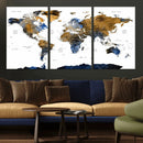 Modern Abstract World Map Canvas Wall Art – Framed Blue and