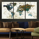 Vintage World Map Wall Art Canvas Print, Framed Rustic Earth