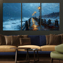 Stormy Night at Beach Pier Oil Painting Large Wall Art