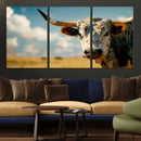 Longhorn in the Prairie - Stunning Ranch-Style Triptych Wall