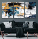 Blue and Gold Abstract Canvas Wall Art – Triptych Modern