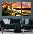Golden Wave Sunset Triptych Canvas Art, Giclee Canvas Print