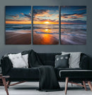 Sunset on the Ocean Beach with Waves, Reflections on Sand,