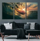 Ocean Wave Sunset Canvas Wall Art – Triptych Seascape Print