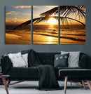 Golden Tropical Beach Sunset Canvas Triptych, Coastal Palm