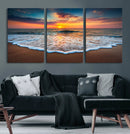 Sunset Beach Canvas Wall Art – Colorful Ocean Waves Triptych