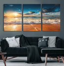 Golden Sunset Beach Triptych Canvas Art, Giclee Coastal Wall