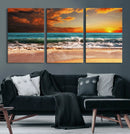 Golden Sunset Beach Canvas Wall Art – Triptych Seascape
