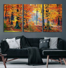 Autumn Red Forest Triptych Canvas Wall Art Print, Forest