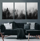 Foggy Black and White Forest Canvas Wall Art, 3 Panel Misty