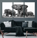 Black White Elephant Family Wall Art Canvas Print
